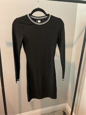 Divided Black Ribbed Long-Sleeve Mini Dress with White Trim